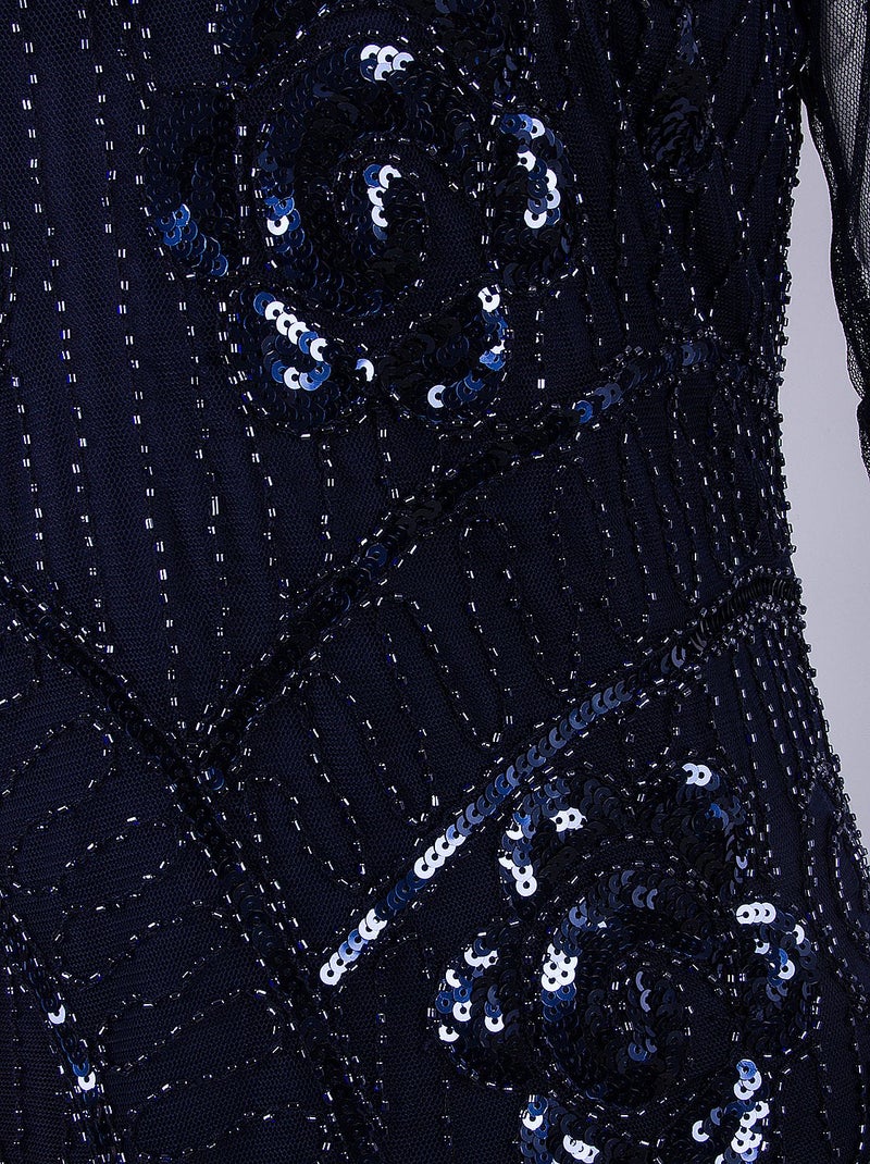 Vijiv Women's Vintage 1920s Style Sequined Beaded Roaring 20s Long Gatsby Flapper Dress with Sleeves for Themed Party, Blue Small - Image 5